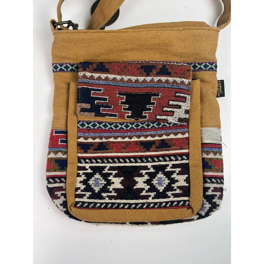 Carori Tan Canvas Aztec Tribal Print Crossbody Bag Boho Festival‎